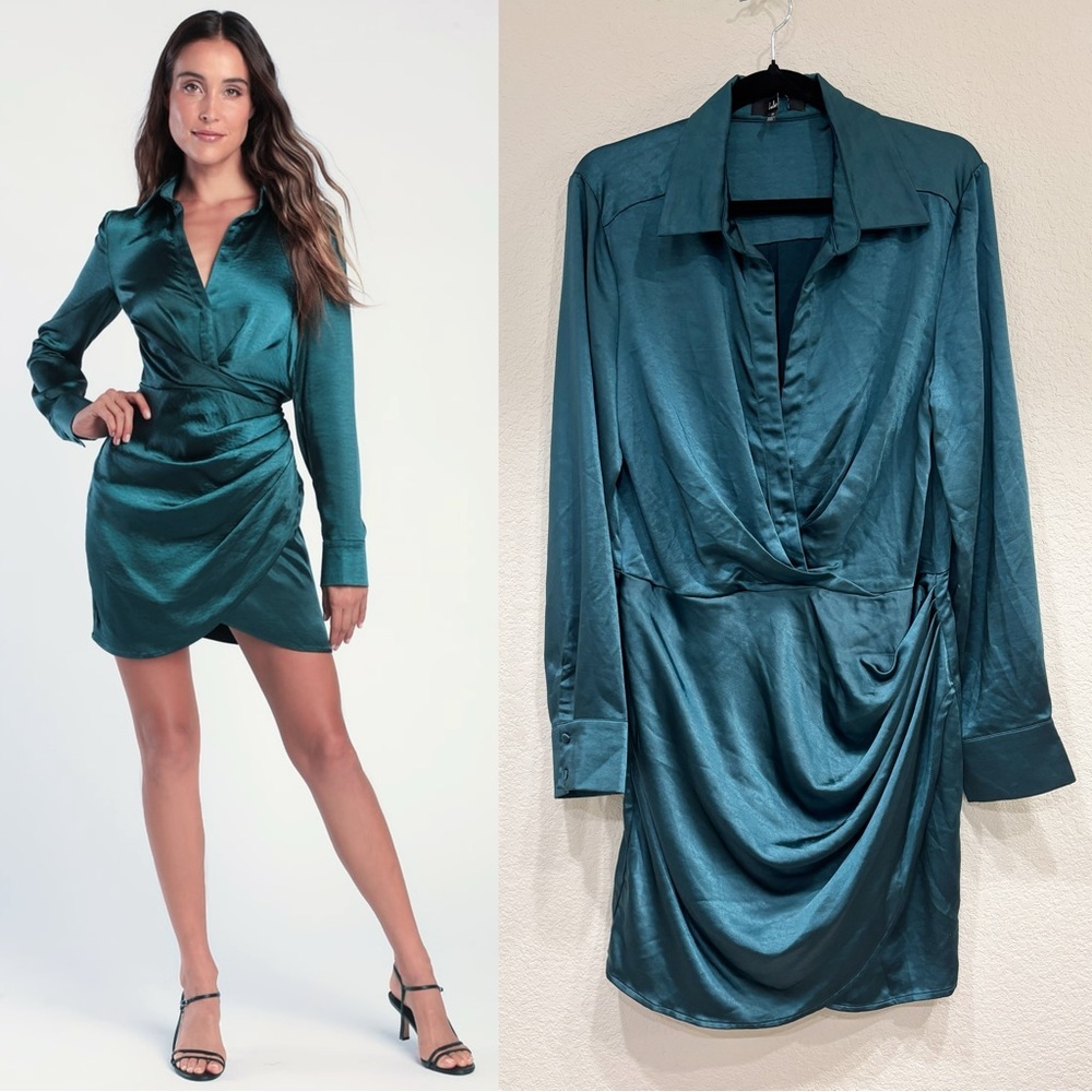 Lulu's Teal Satin Mini Wrap Dress